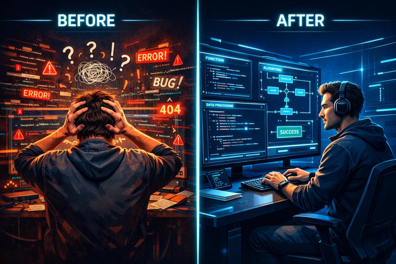 A split-screen comparison graphic labeled BEFORE and AFTER. The left side shows a person from behind in a dark room with glowing error messages, question marks, and a 404 symbol on a screen, holding their head in frustration.