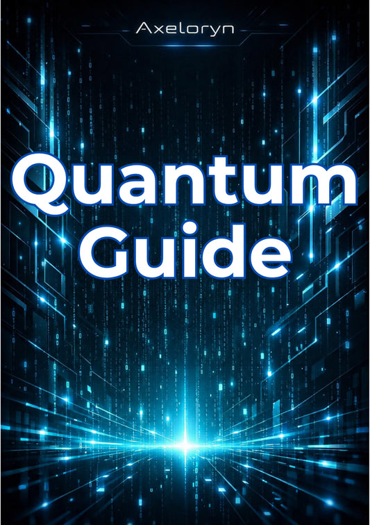 A book or digital guide cover titled 'Quantum Guide' with the brand name 'Axeloryn' at the top, featuring a glowing blue and black futuristic digital background with vertical light effects and a bright central burst.