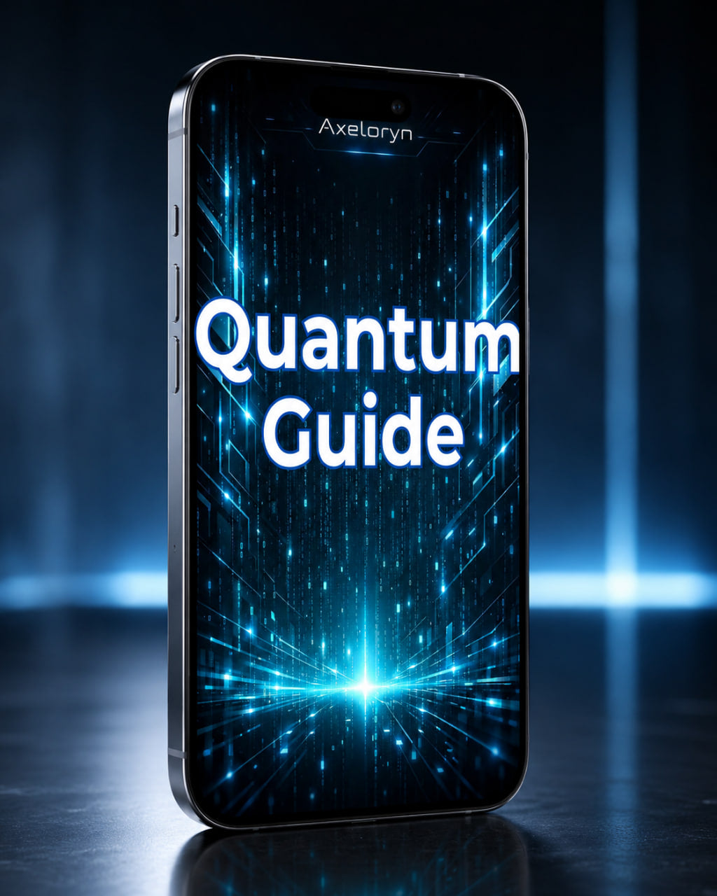 A smartphone shown upright on a dark reflective surface, with the screen lit with a glowing blue digital graphic and the large text 'Quantum Guide.' The phone body appears dark gray/black, and the screen content is treated as display content rather than the product's physical color identity.