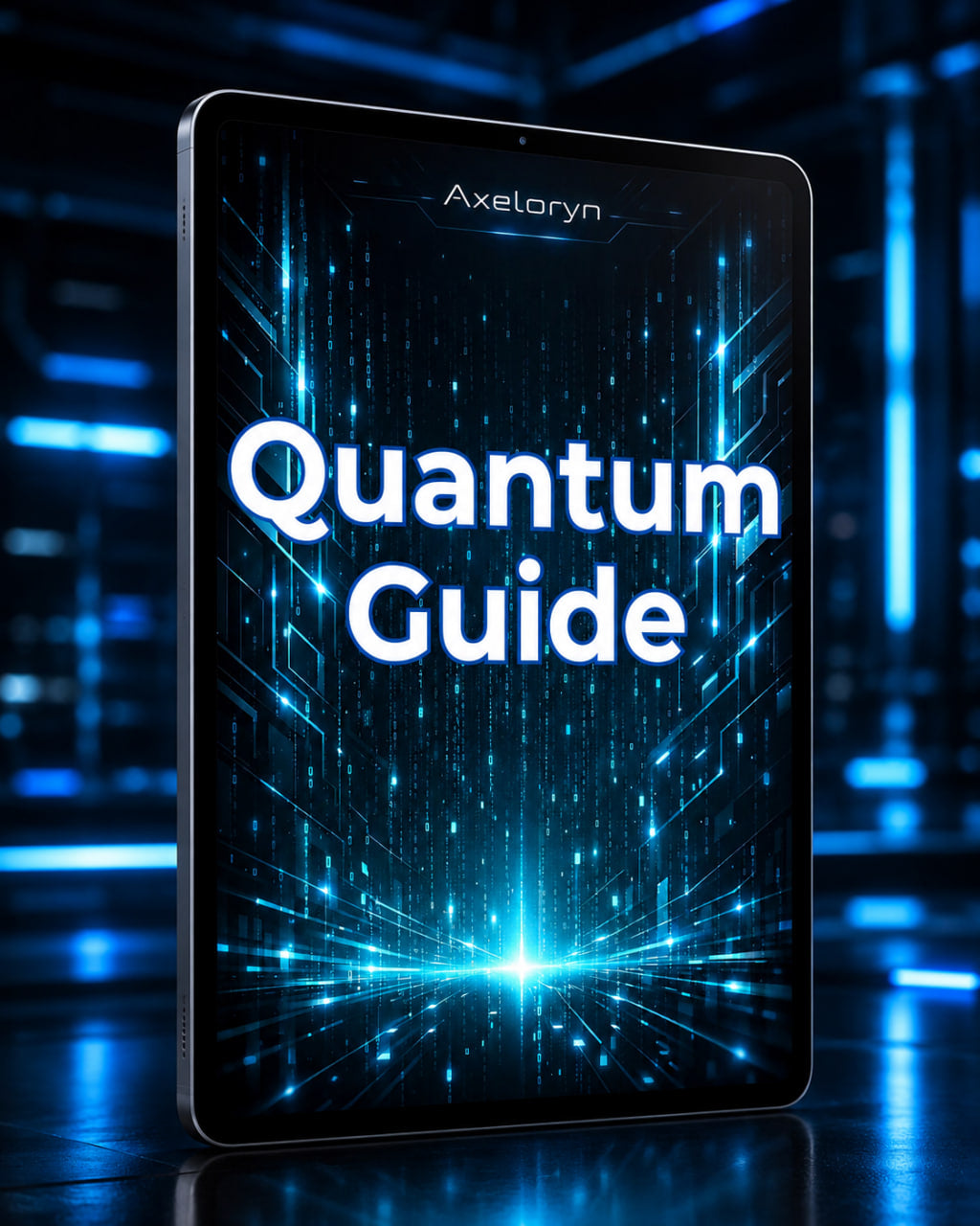 A tablet device labeled 'Axeloryn' stands upright on a reflective surface, displaying the words 'Quantum Guide' in large white text over a glowing blue and black futuristic interface. The background is a blurred blue tech-style environment.