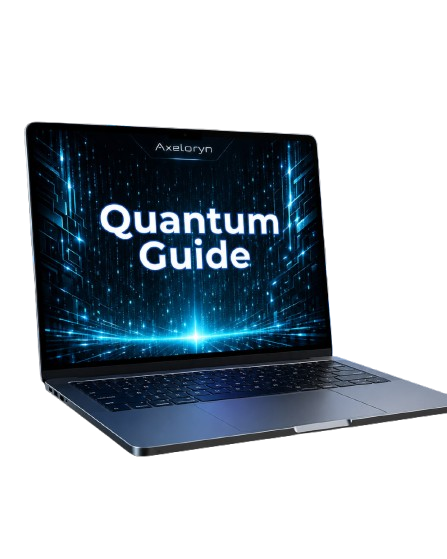 A dark gray laptop shown open at an angle on a plain white background, with the screen displaying the text 'Axeloryn Quantum Guide' over a glowing blue digital interface.