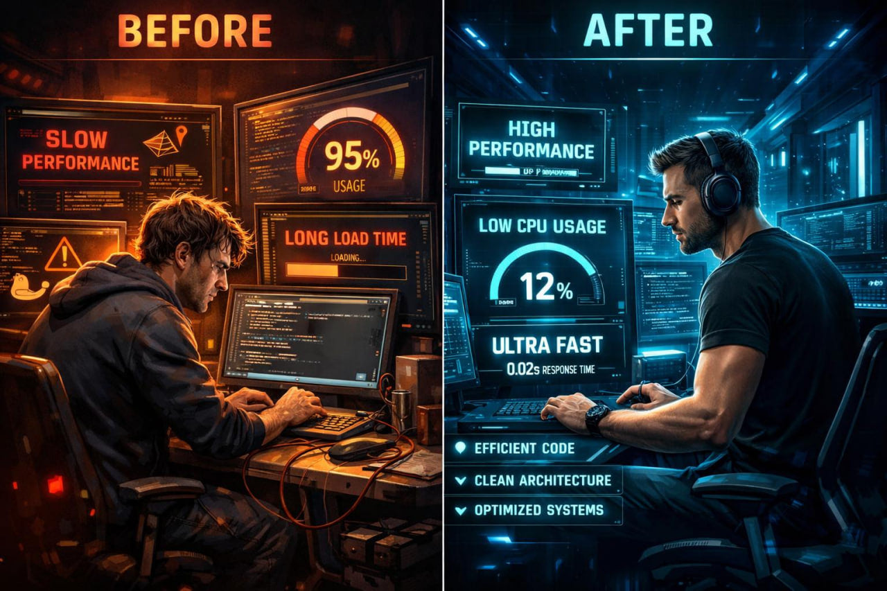 A split before-and-after digital graphic showing a man working at a desk in a dimly lit room under orange 'BEFORE' lighting versus under blue 'AFTER' lighting. The right side displays glowing performance metrics such as high performance, low CPU usage, and ultra fast response time.