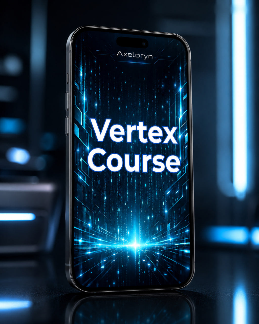 A smartphone shown upright in a dark, futuristic setting with blue lighting. The screen displays the text 'Axelaryn Vertex Course' over a glowing blue digital interface.