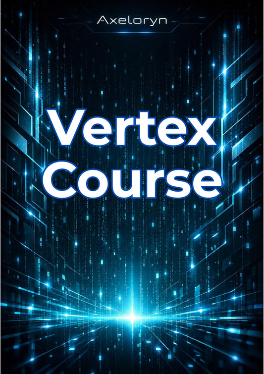 Digital cover graphic for 'Vertex Course' by Axeloryn, featuring bold white text over a glowing blue and black futuristic tech background with circuit-like structures and light streaks.