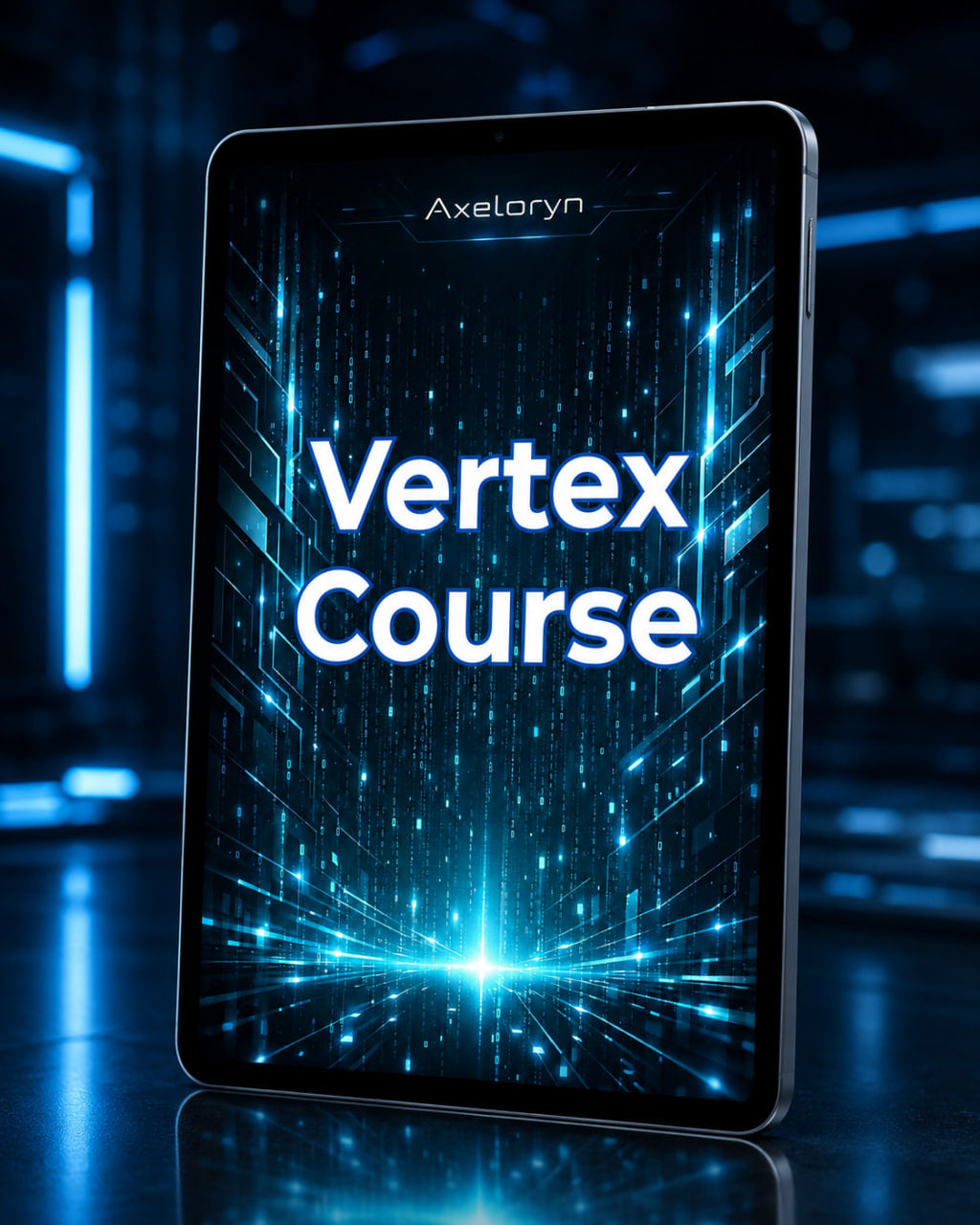 A tablet device standing upright on a reflective dark surface, displaying the text 'Axeloryn Vertex Course' in large white lettering over a glowing blue digital circuit background.