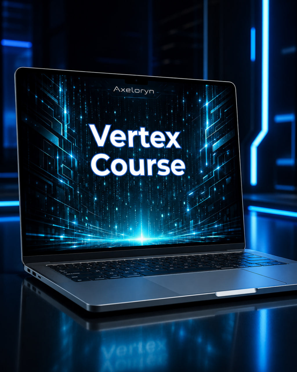 A laptop on a reflective dark surface displaying a glowing blue digital interface with the text 'Axeloryn Vertex Course' on the screen.