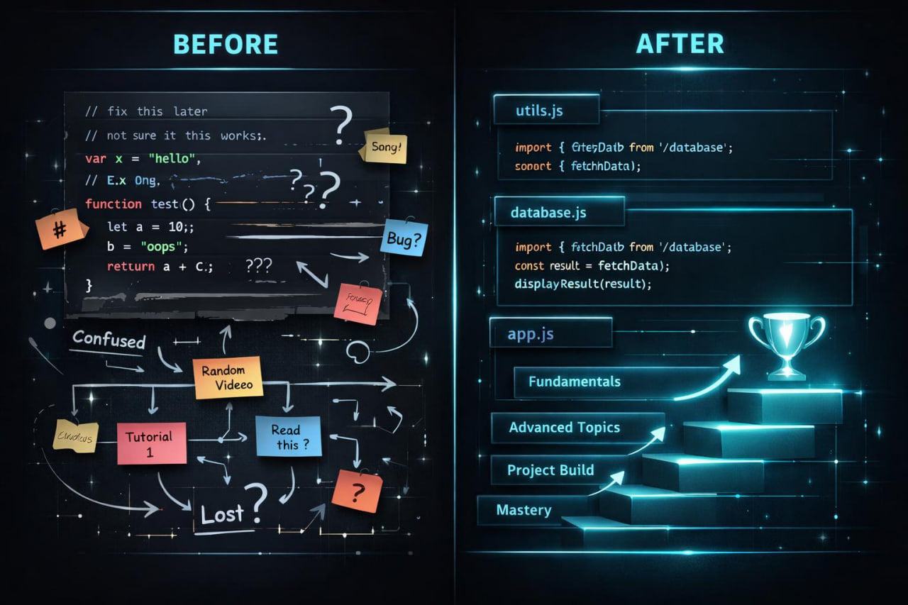 A split before-and-after digital graphic showing JavaScript learning progress. The left 'BEFORE' panel has a dark chalkboard background with messy code snippets, sticky notes, arrows, and a 'Lost?' question mark.
