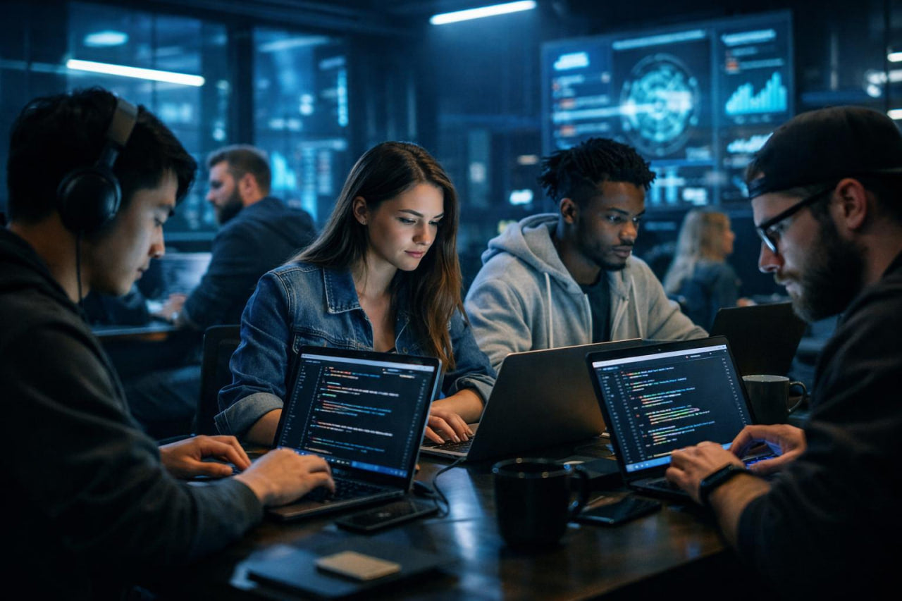 A group of developers collaborating around laptops on a dark table in a modern, dimly lit tech office with glowing screens in the background.