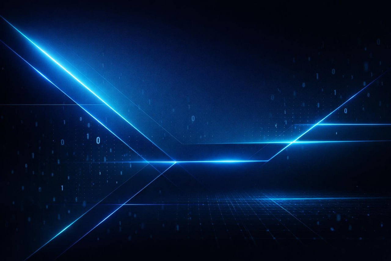 A futuristic dark blue digital background with glowing neon light lines, a grid floor, and floating binary digits.
