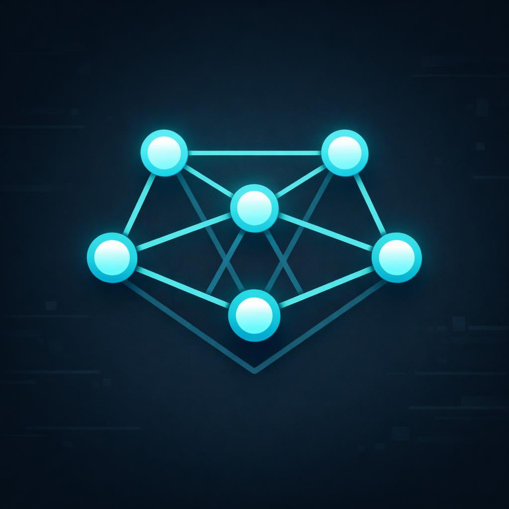 A glowing blue network or node diagram icon centered on a dark navy background.