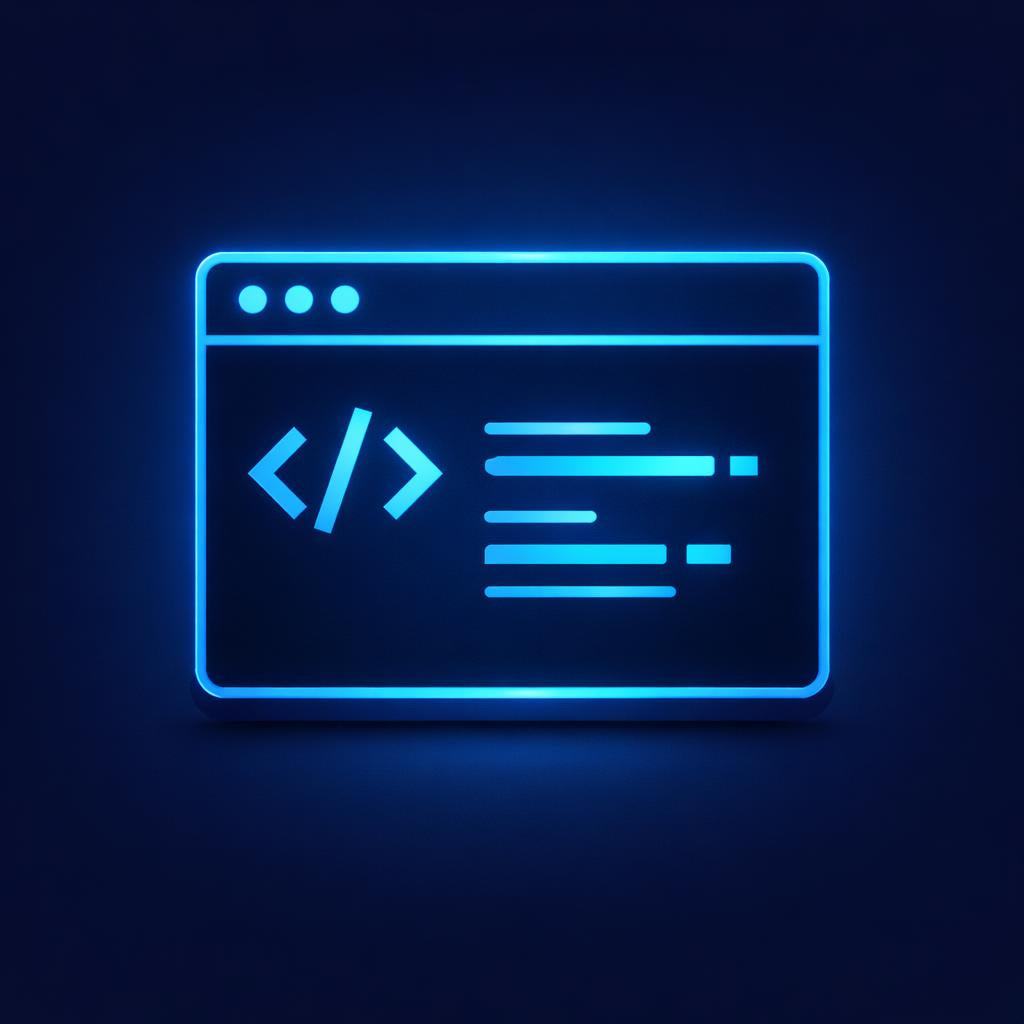 A glowing blue digital icon of a web browser window with code symbols, centered on a dark navy background.