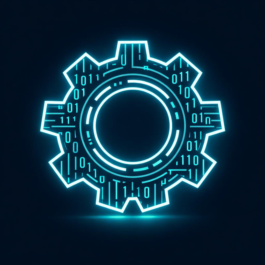 A glowing cyan gear icon with circuitry lines and binary code details on a dark navy background.